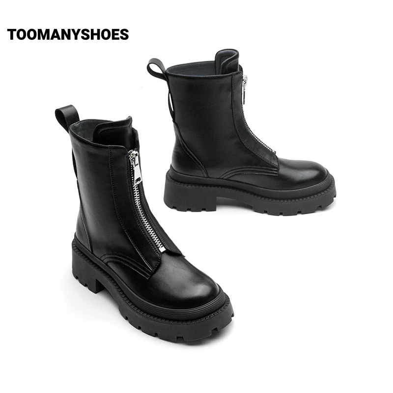【开春福利】Toomanyshoes靴子黑白地带复古时髦百搭圆头时装靴