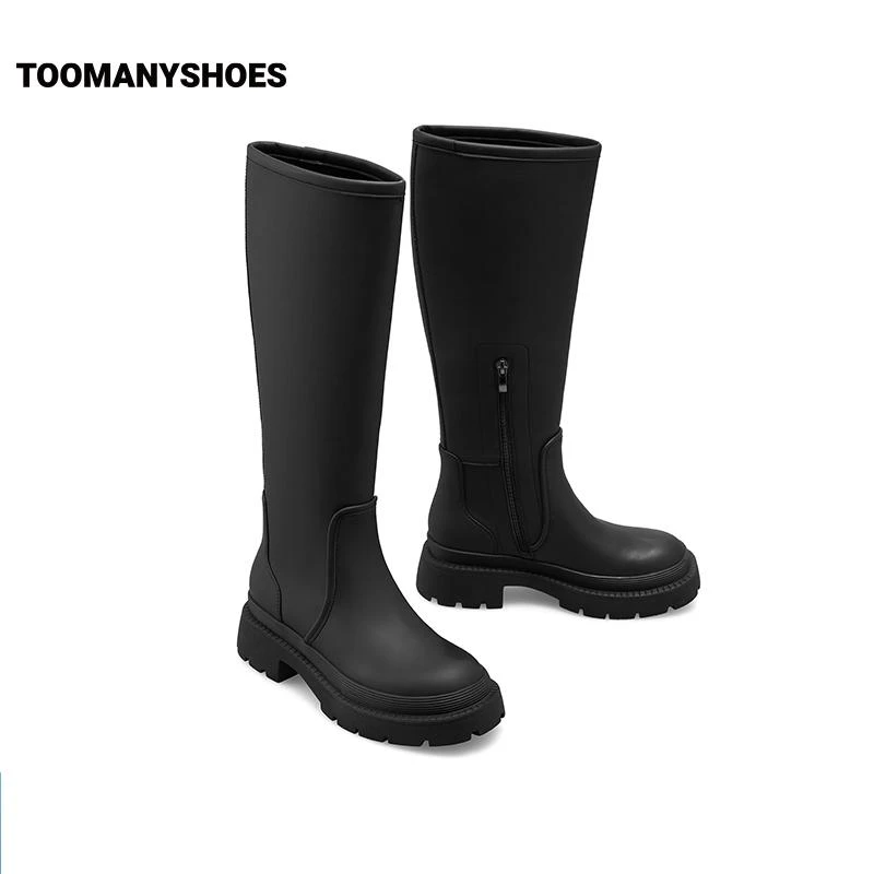 【达人】Toomanyshoes浓郁冬日新款加绒高筒骑士靴靴子百搭黑色厚底