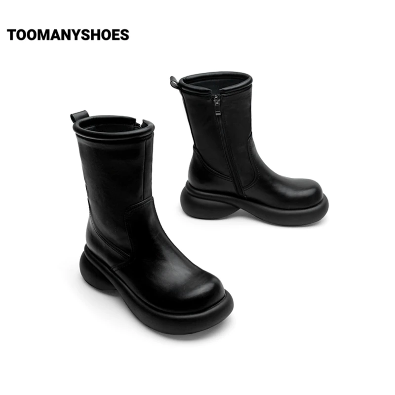 Toomanyshoes靴子2023秋冬新款未来时空圆头粗跟厚底烟筒靴短靴女
