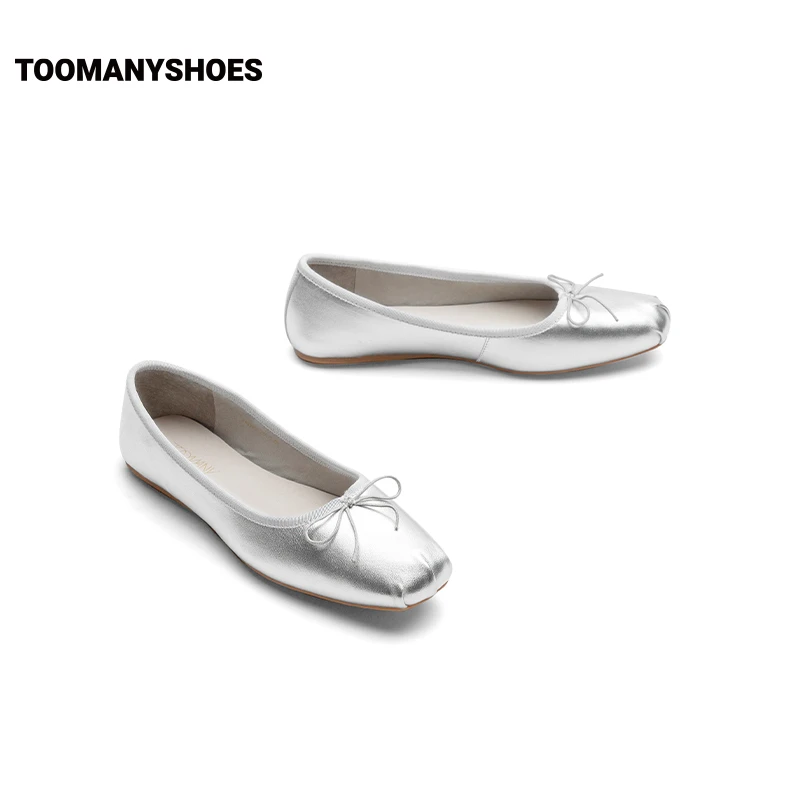 Toomanyshoes女鞋23年秋季新款踮脚尖银色蝴蝶结平底鞋芭蕾舞鞋