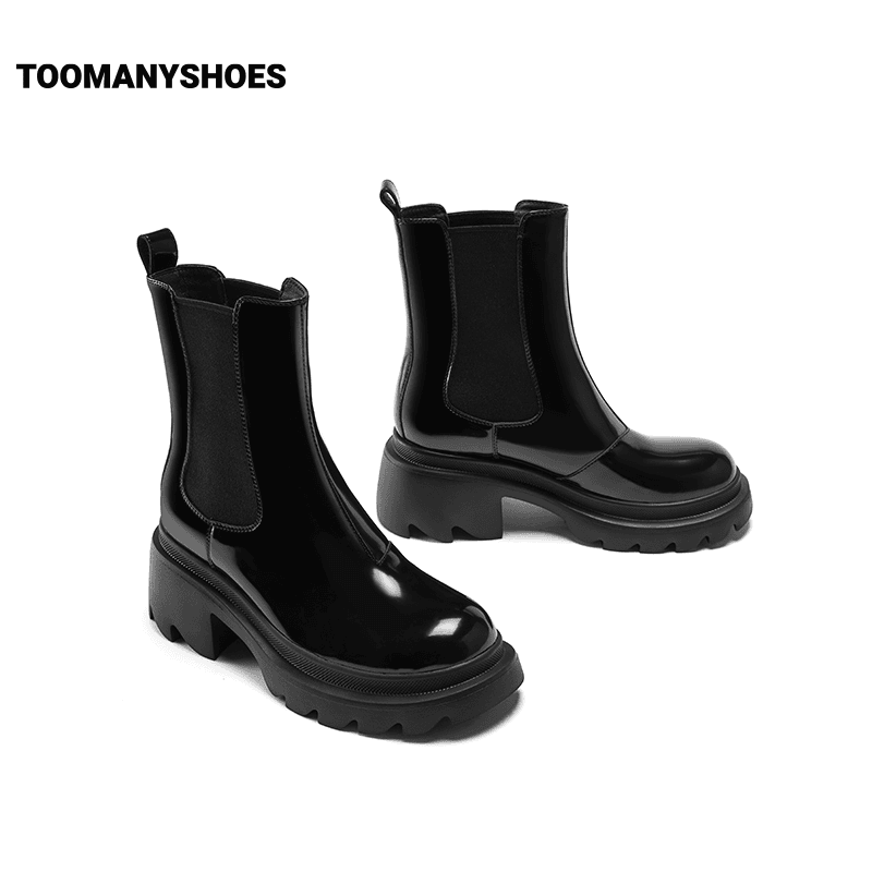 【开春福利】Toomanyshoes靴子黑松露圆头针织拼接切尔西靴烟筒靴