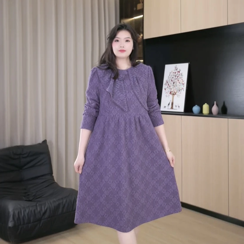 胖依依大码女装早秋新款显瘦百搭气质紫色加绒连衣裙241523
