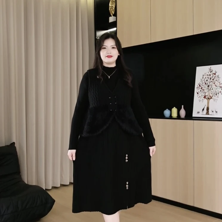 胖依依大码女装显瘦气质压褶长袖连衣裙套装QD268