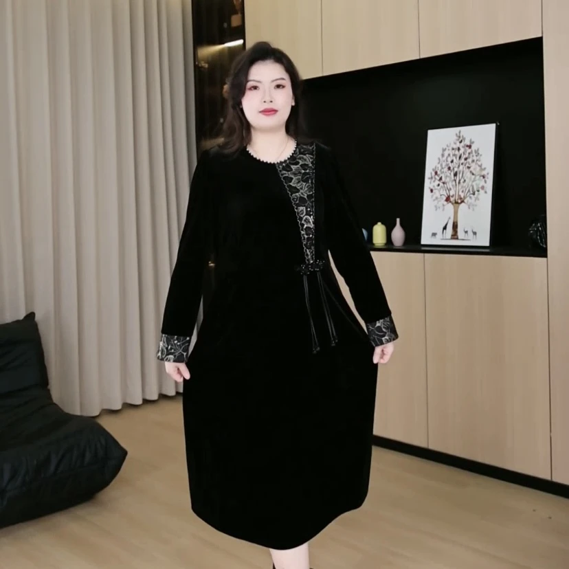 胖依依大码女装气质宽松连衣裙长袖遮肉显瘦设计感裙子ZB6307