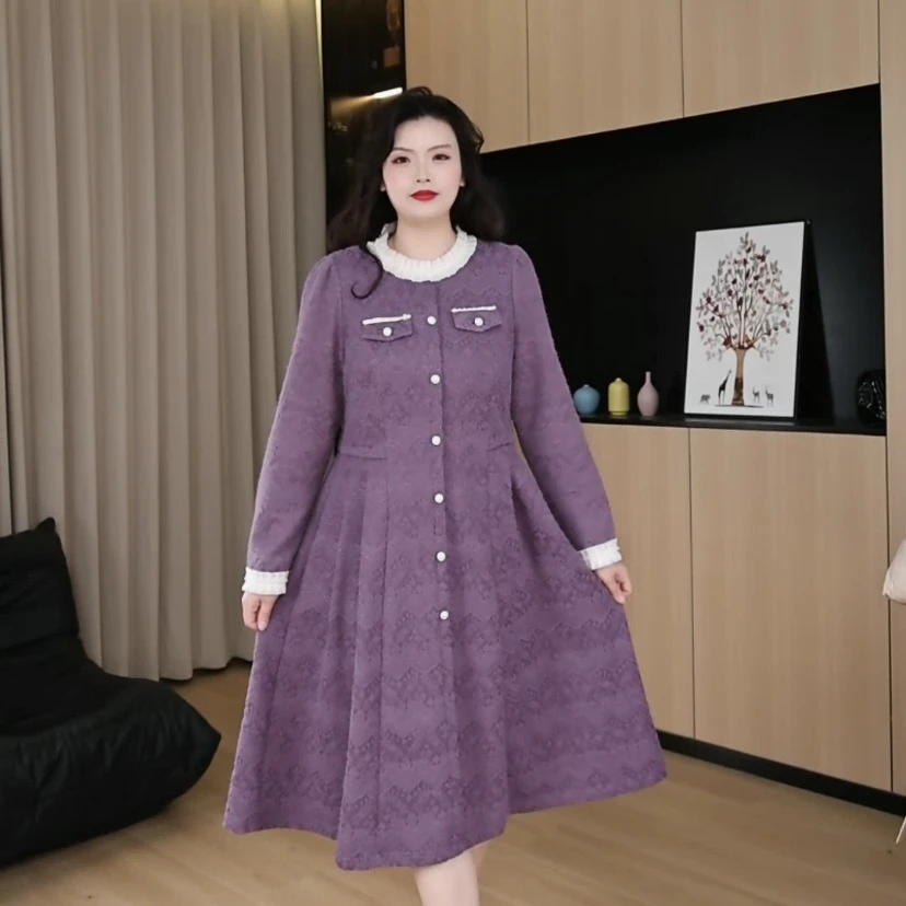 胖依依大码女装冬季新款显瘦百搭气质拼色连衣裙241538