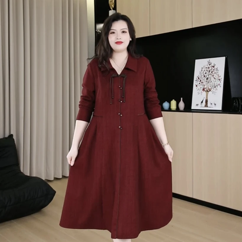 胖依依大码女装时尚气质翻领遮肉显瘦长袖连衣裙241067