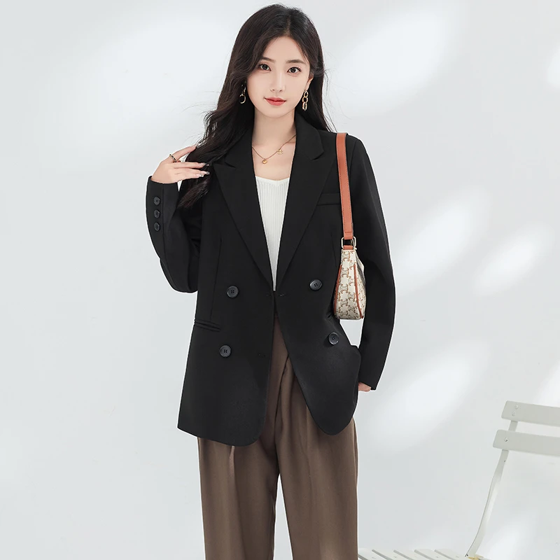 西装外套女2024年春秋季新款韩版休闲气质垂感双排扣西服黑色时尚