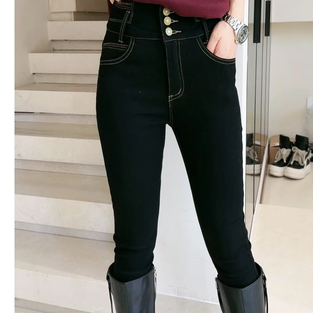 迷巧时尚新款 休闲百搭黑色加绒修身加厚韩版高弹铅笔裤