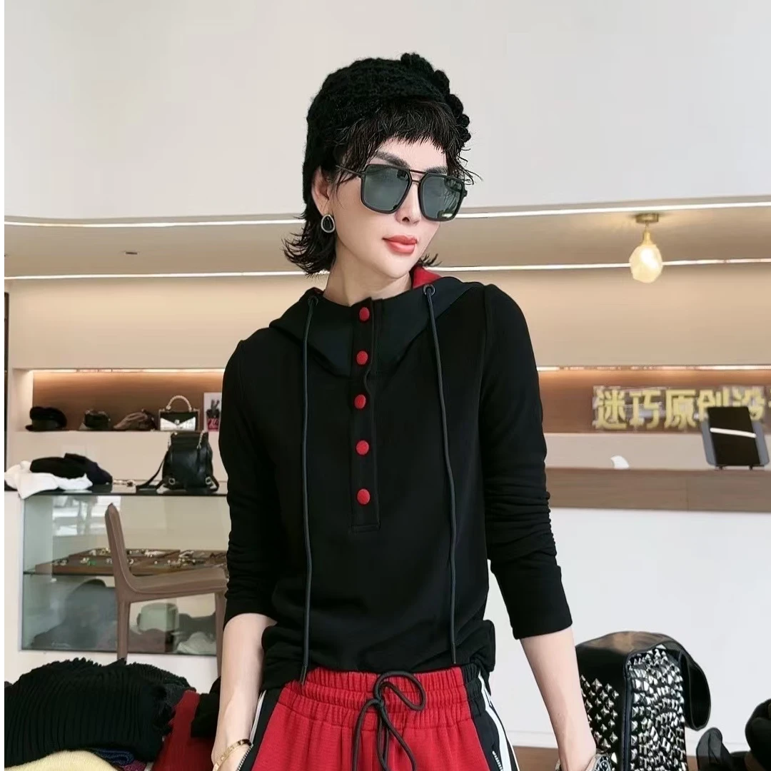 迷巧时尚新款显瘦长袖休闲百搭洋气连帽长袖T