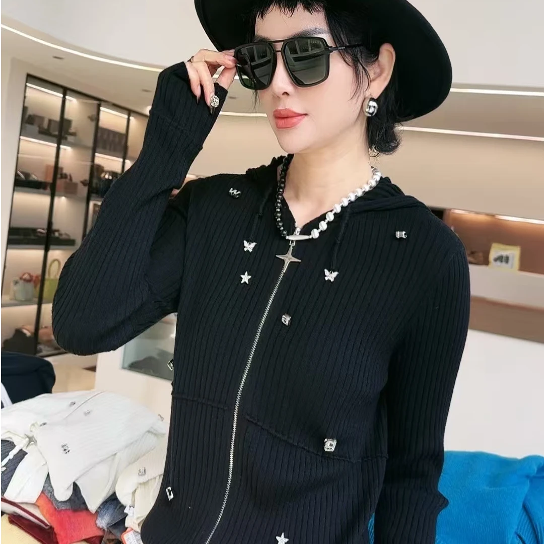 迷巧时尚新款双面毛线连帽开衫不规则设计针织上衣外套