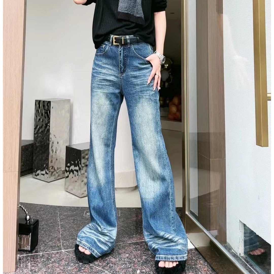迷巧时尚新款显瘦复古阔腿宽松百搭直筒渐变设计师水洗牛仔裤