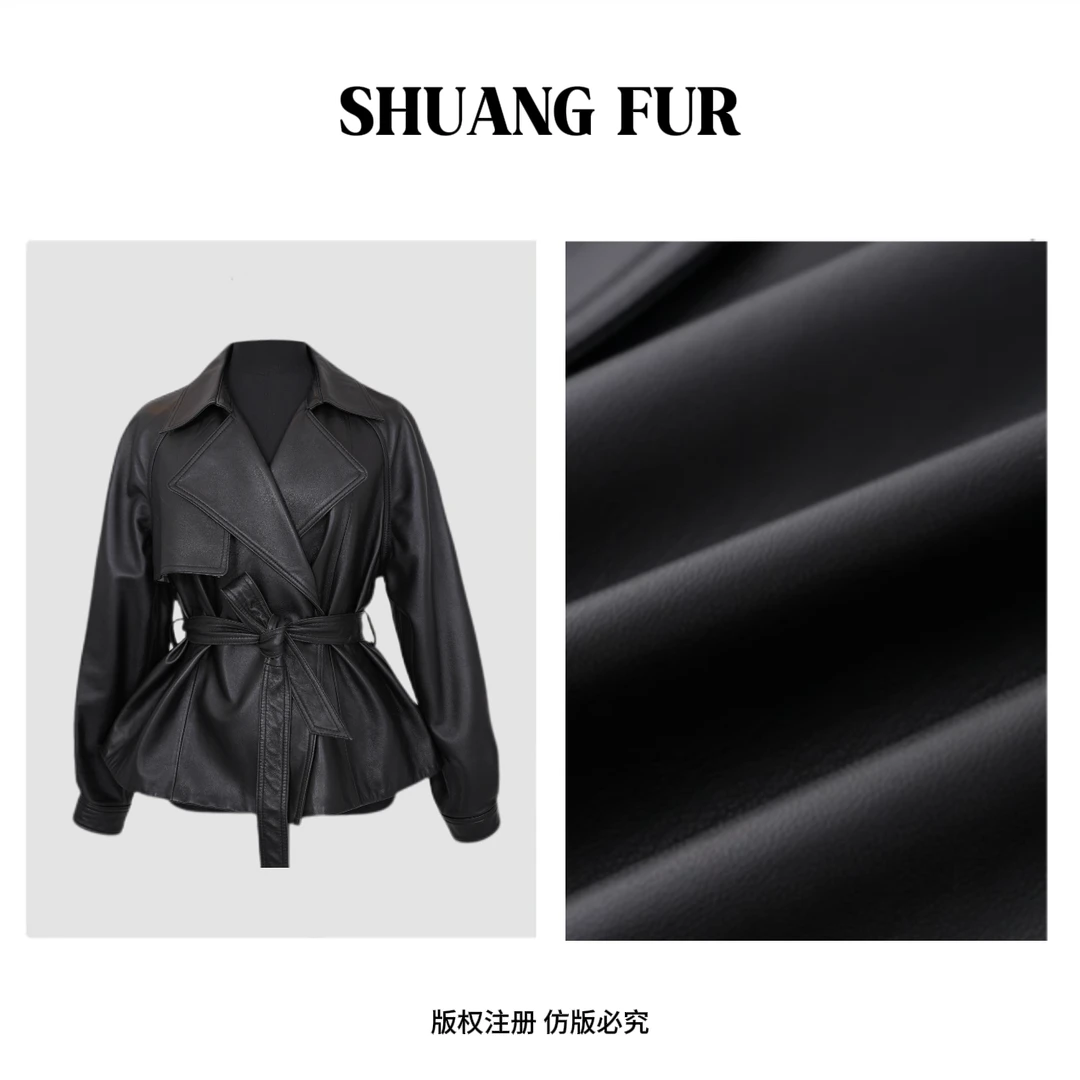 巴宝家真皮羊皮气质显瘦收腰翻领网红百搭黑色真皮皮衣3201-XS