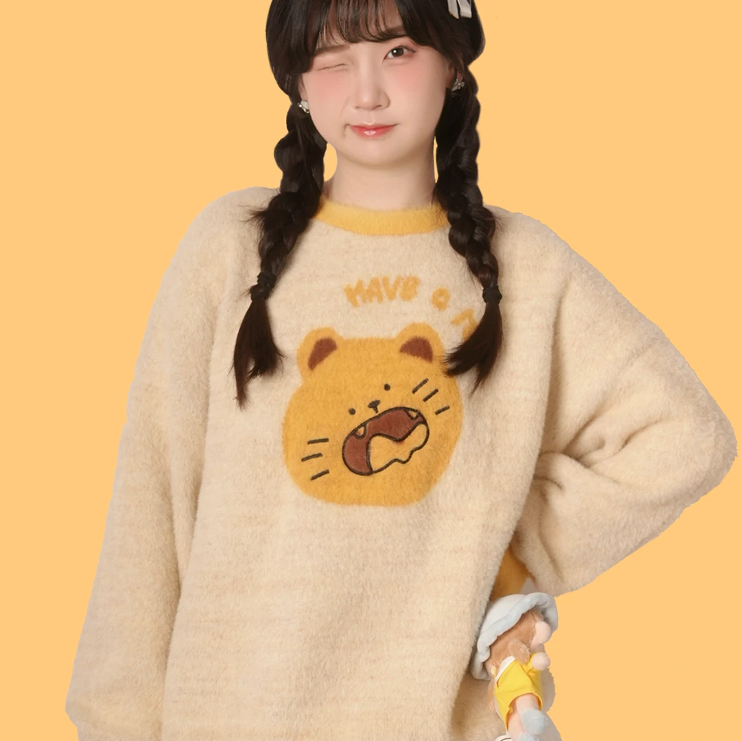 原创自制秋冬季猫饼套头毛衣百搭保暖黄色套头毛衣K06