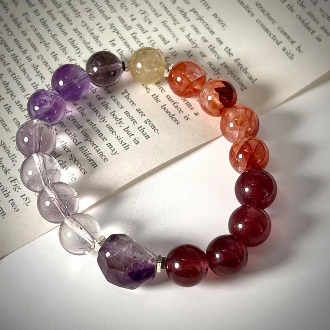 【九紫离火】DM0125天然水晶紫水晶红胶花925银手链多样性发一