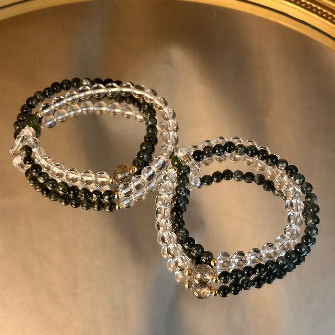 【龙魂】DM0361绿龙晶黑金超白水晶和田玉925银手链多样性发一