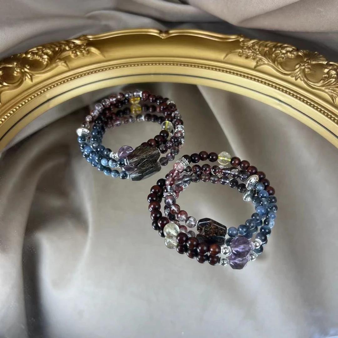 【江湖】DM0434黑金超红胶花金发晶海蓝宝檀木紫水晶手链多样性发一