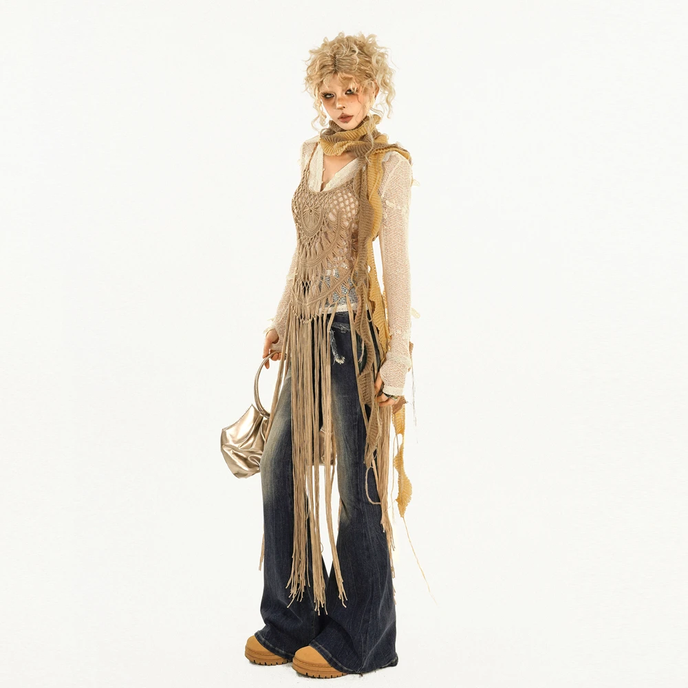 奶酷墨莉【现货】 镂空流苏沙滩罩衫裙设计感叠穿吊带裙 L24226