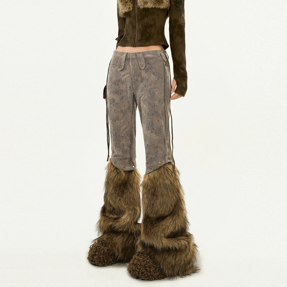 【现货发货】美式复古废土肌理感低腰拼接毛毛裤长裤微喇叭 K25058