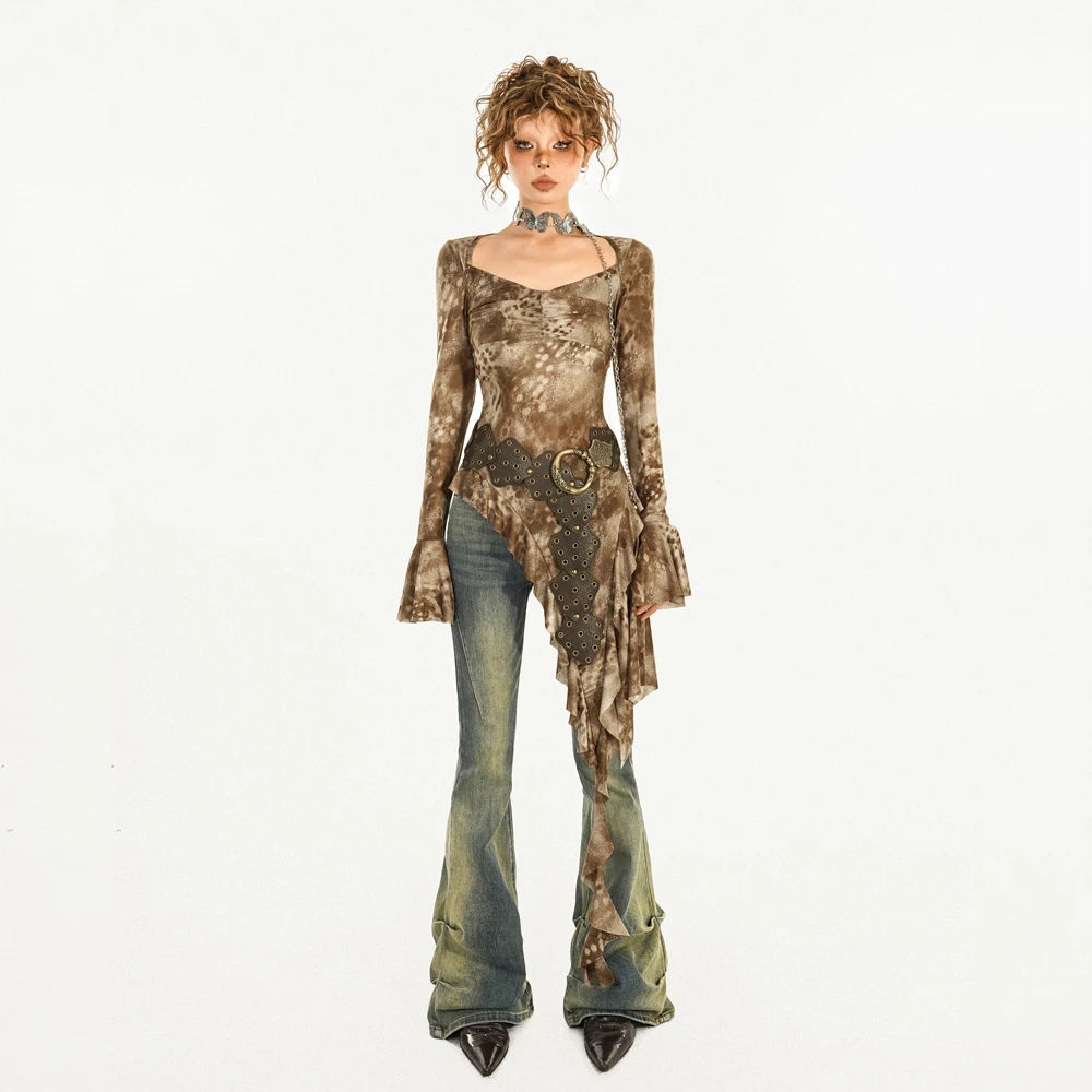 奶酷墨莉【现货】返潮复古不规则印花设计感衬衫上衣-S24778