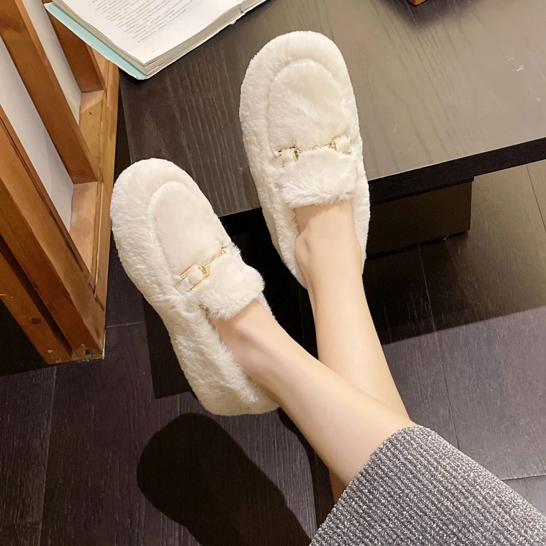 白色毛毛鞋女外穿加绒保暖小香风豆豆鞋2024年新款秋冬季孕妇棉鞋