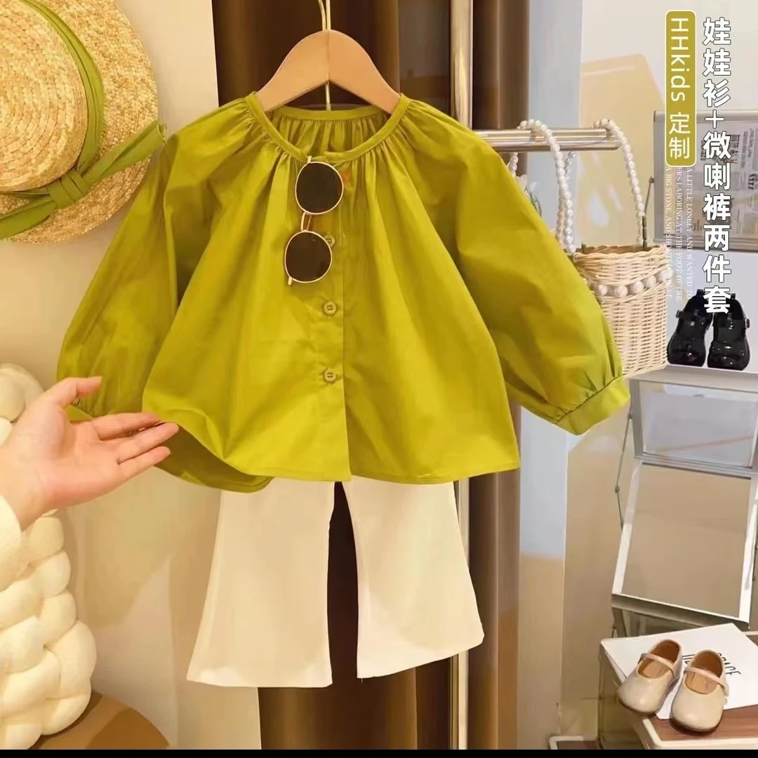 女童阔版灯笼袖纯色娃娃衫微喇休闲裤两件套2023春装爆款0327