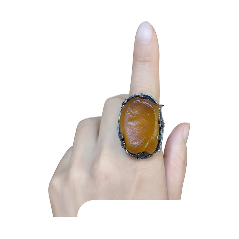 LYliuyng原皮蜜蜡琥珀戒指手工银复古镶嵌个性原石蜜蜡琥珀大戒指