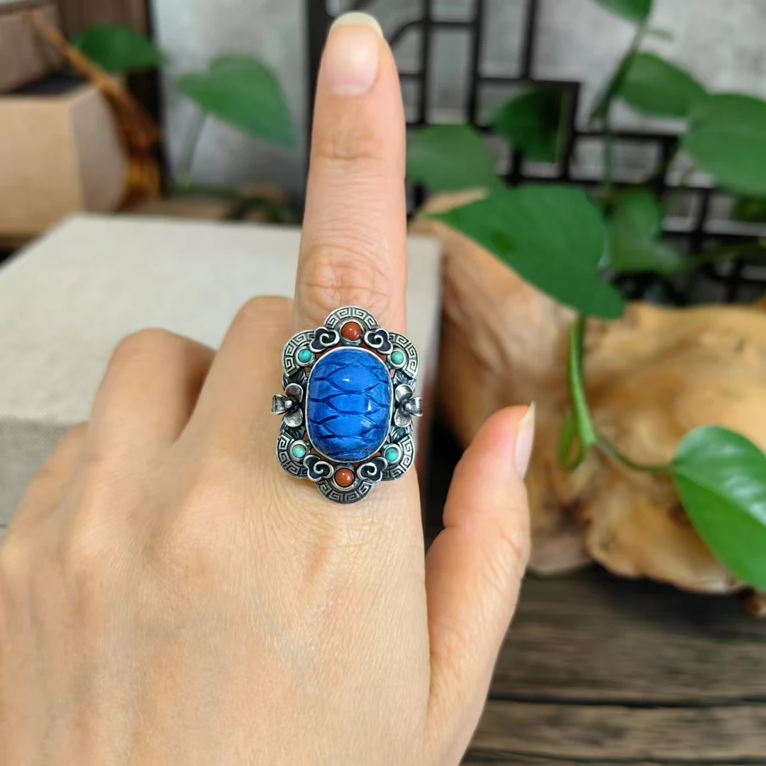 LYliuyng天然青金石银戒指手工雕刻品质独特手工银戒指复古风格