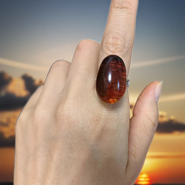 LYliuyng天然琥珀夕阳红蜜蜡纯手工银镶琥珀925银戒指晶体通透