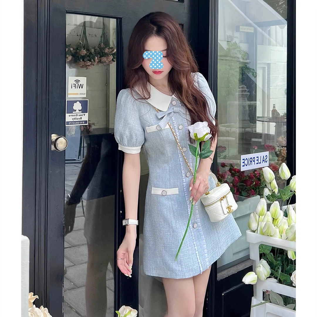 海盐芝士奶蓝色法式小香风连衣裙女小个子夏季高级感轻奢气质短裙