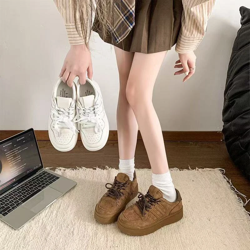 加绒保暖厚底小白鞋女2024新款真皮德训鞋圆头系带运动休闲鞋999