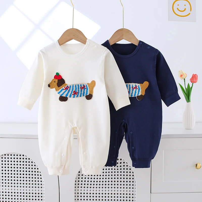 毛巾绣小狗婴儿连身衣男女宝宝爬爬服哈衣长袖无骨幼儿春秋款新生