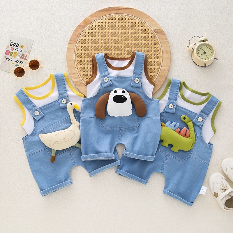 【达人】婴幼儿牛仔背带裤连身衣套装恐龙大鹅玩偶