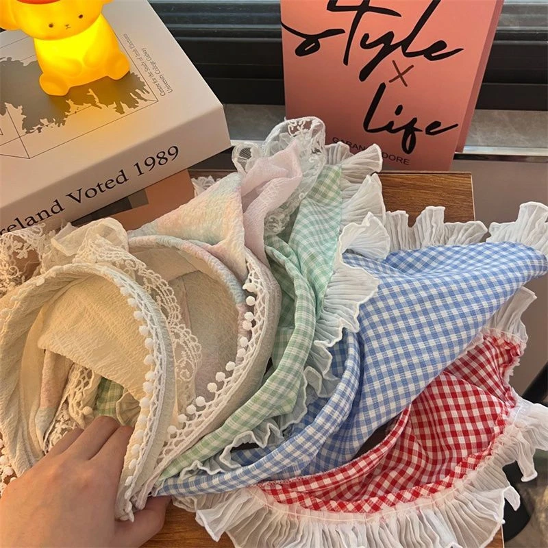 升级了！自带发箍款！白色蕾丝少女粉嫩田园韩妹三角巾甜妹少女丝巾