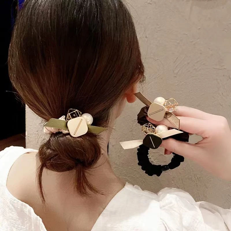 韩版时尚高级感珠珠大肠发圈简约气质高弹力头绳发饰蝴蝶结发绳