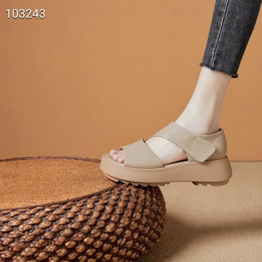 天使厚底凉鞋女2023夏季新款复古头层牛皮百搭休闲松糕凉鞋