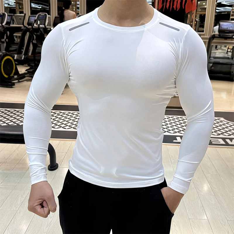 新款紧身衣男透气高弹力速干衣跑步健身训练长袖圆领秋冬季打底衫