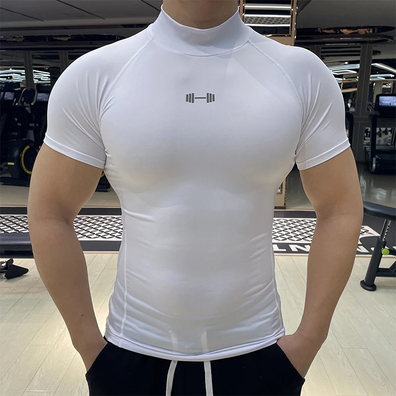 高领紧身衣男运动健身短袖夏季透气弹力速干T恤跑步训练服打底衫