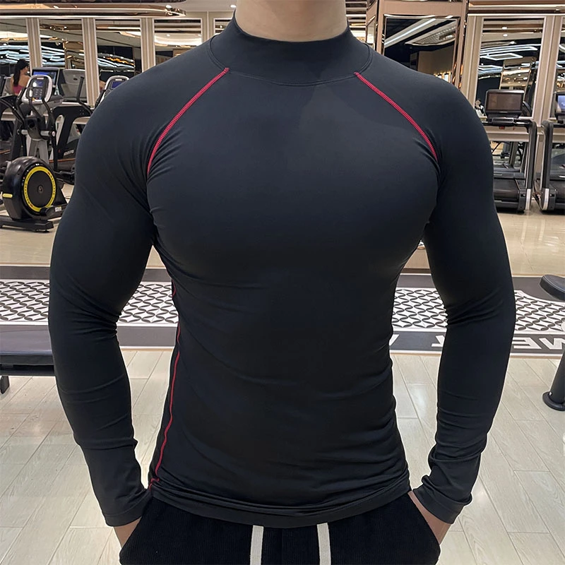 健身服男弹力速干衣半高领紧身长袖跑步训练运动T恤秋冬季打底衫