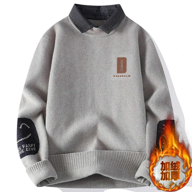 冬季假两件毛衣男孩13初高中学生14加绒加厚15岁青少年大童针织衫