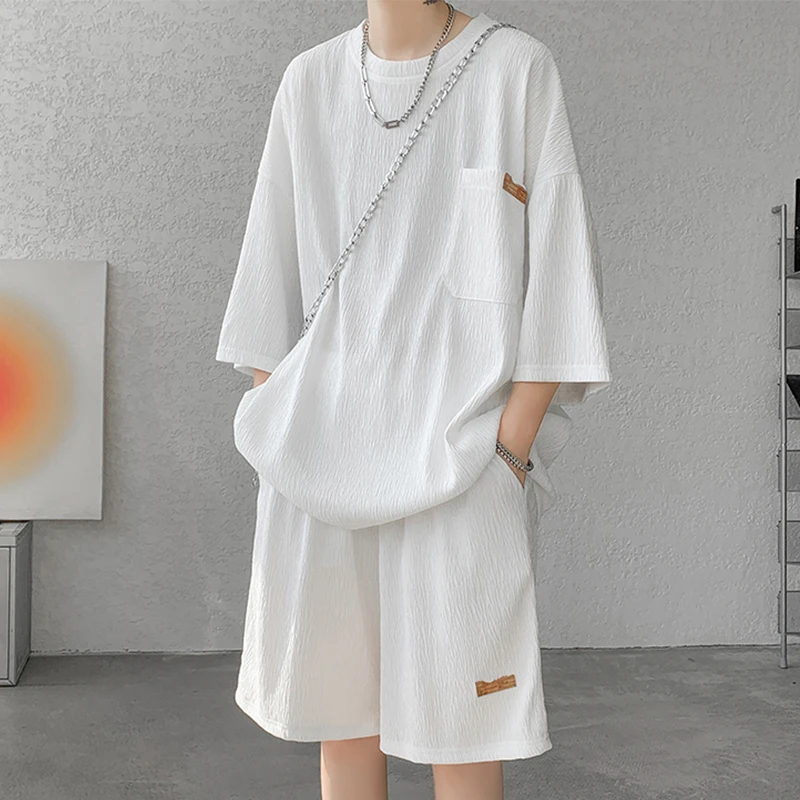 垂感冰丝套装男士夏季短袖t恤男青少年一套搭配帅气休闲运动衣服T