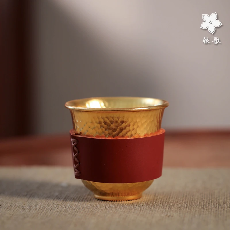 银歌工坊 金光灿烂足银999品茗杯锤纹银茶杯家用主人杯待客杯