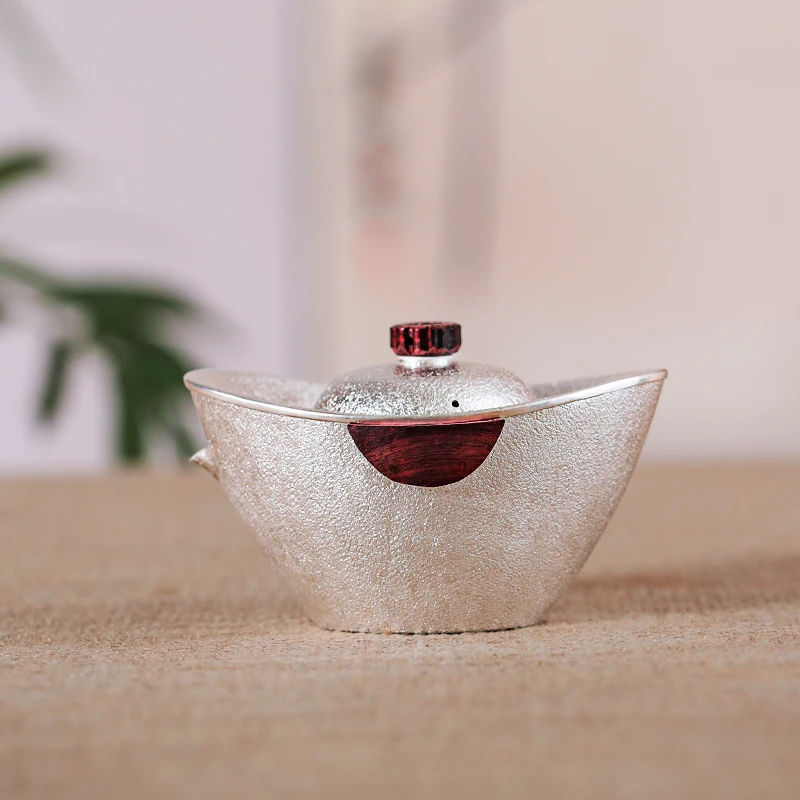 银歌工坊 纯手工锻打银泡茶壶仿生元宝款创意茶具家用耐热手抓壶