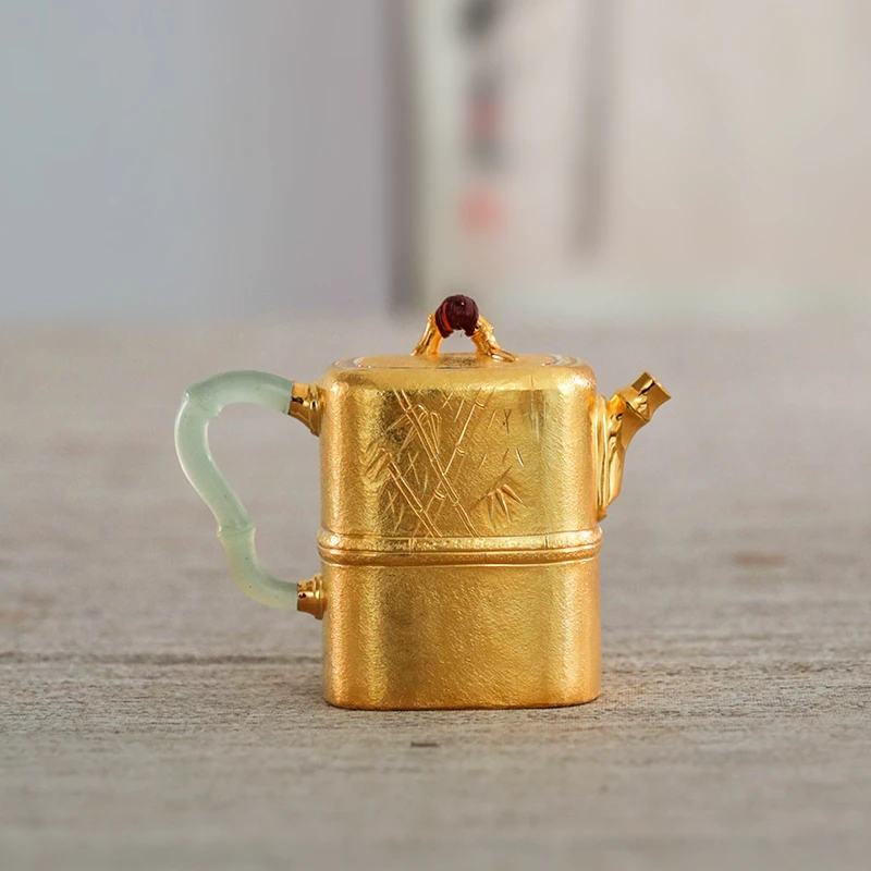 银歌 竹报平安足银999泡茶壶四方竹林瀑布茶壶家用纯手工贴金茶壶