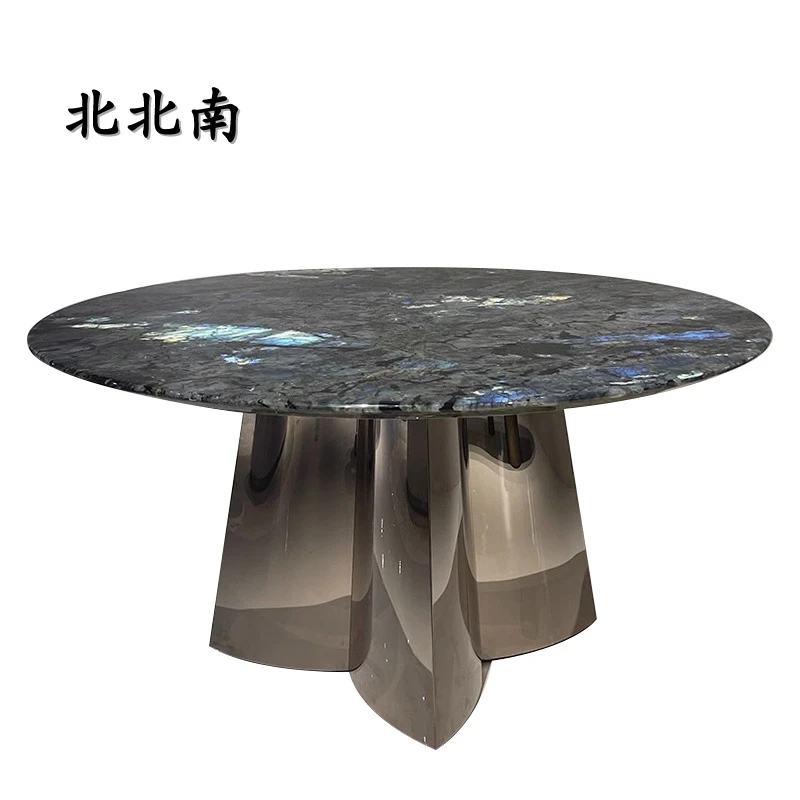 蓝翡翠天然奢石餐桌马达加斯加进口家用圆形极简不锈钢餐桌椅简约