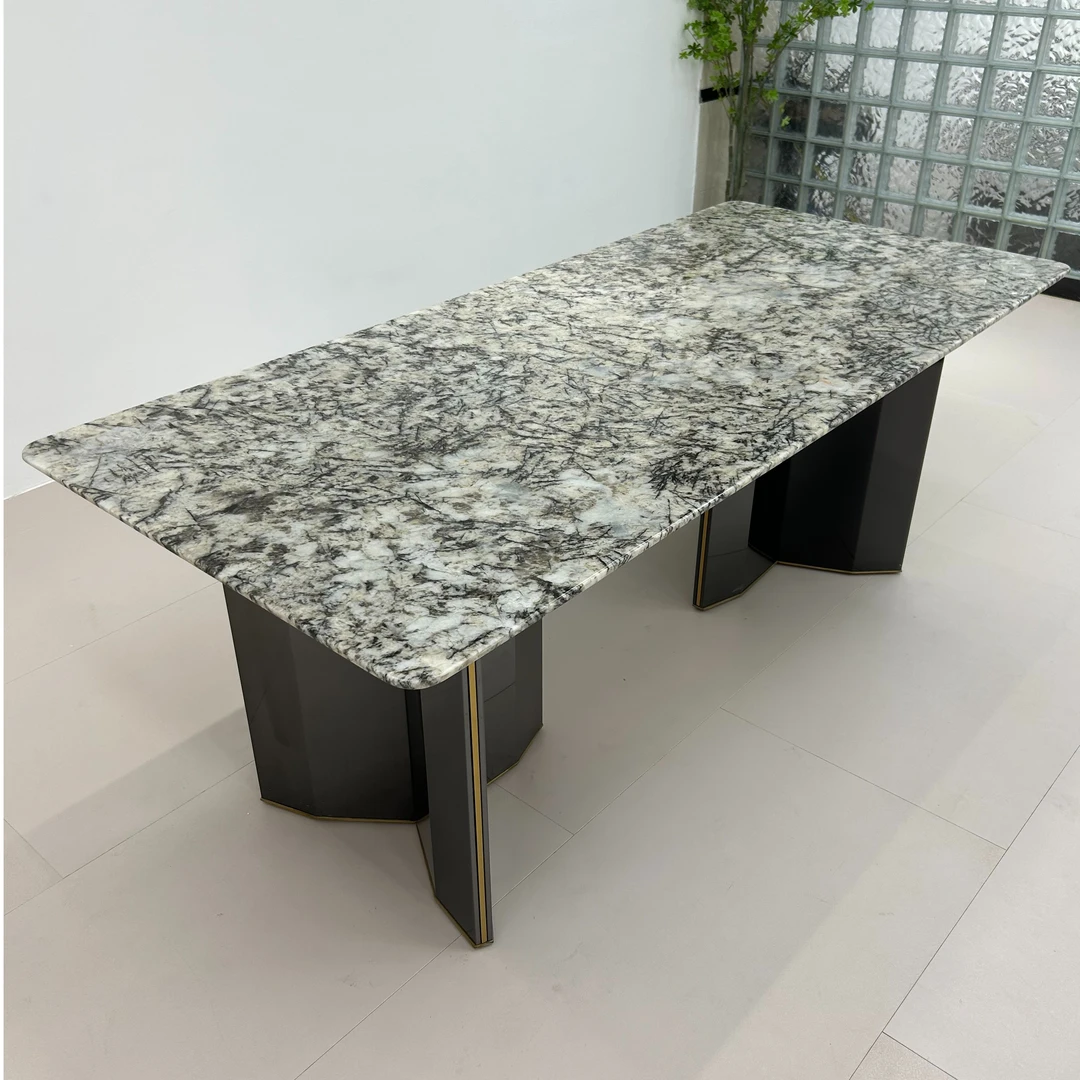 巴西进口冰裂奢石意式简约餐桌家用天然大理石长方形不锈钢餐桌椅