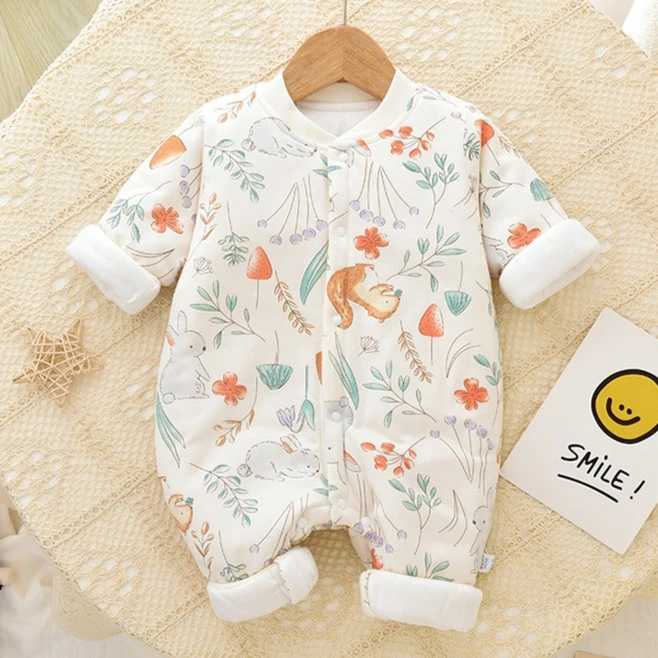 婴儿加厚棉衣连体衣120g夹棉秋冬新生儿纯棉印花那女宝宝爬服哈衣