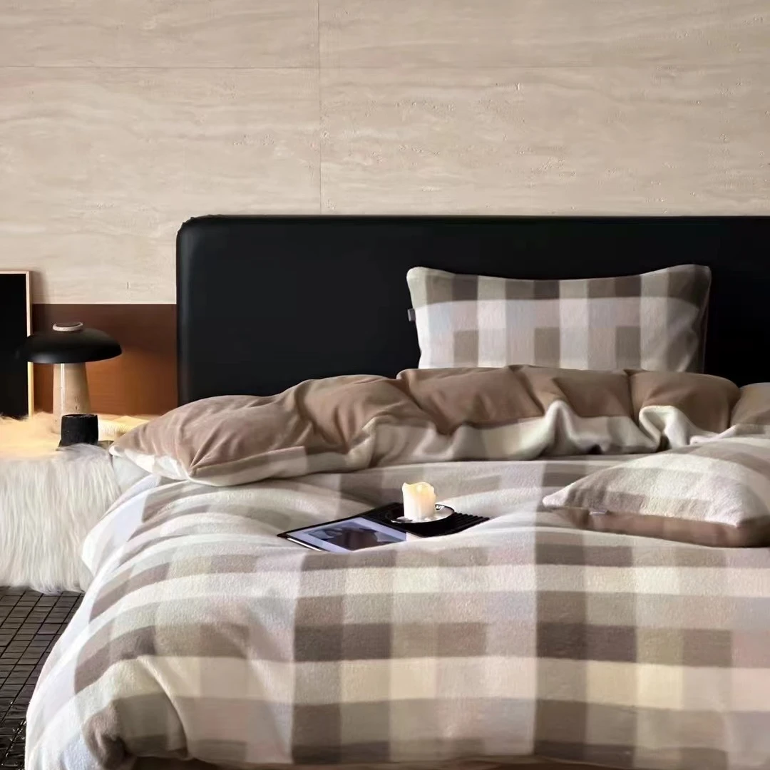 【小林寝饰】仿生羊绒格子四件套-雪后橘子海-摩卡布蕾