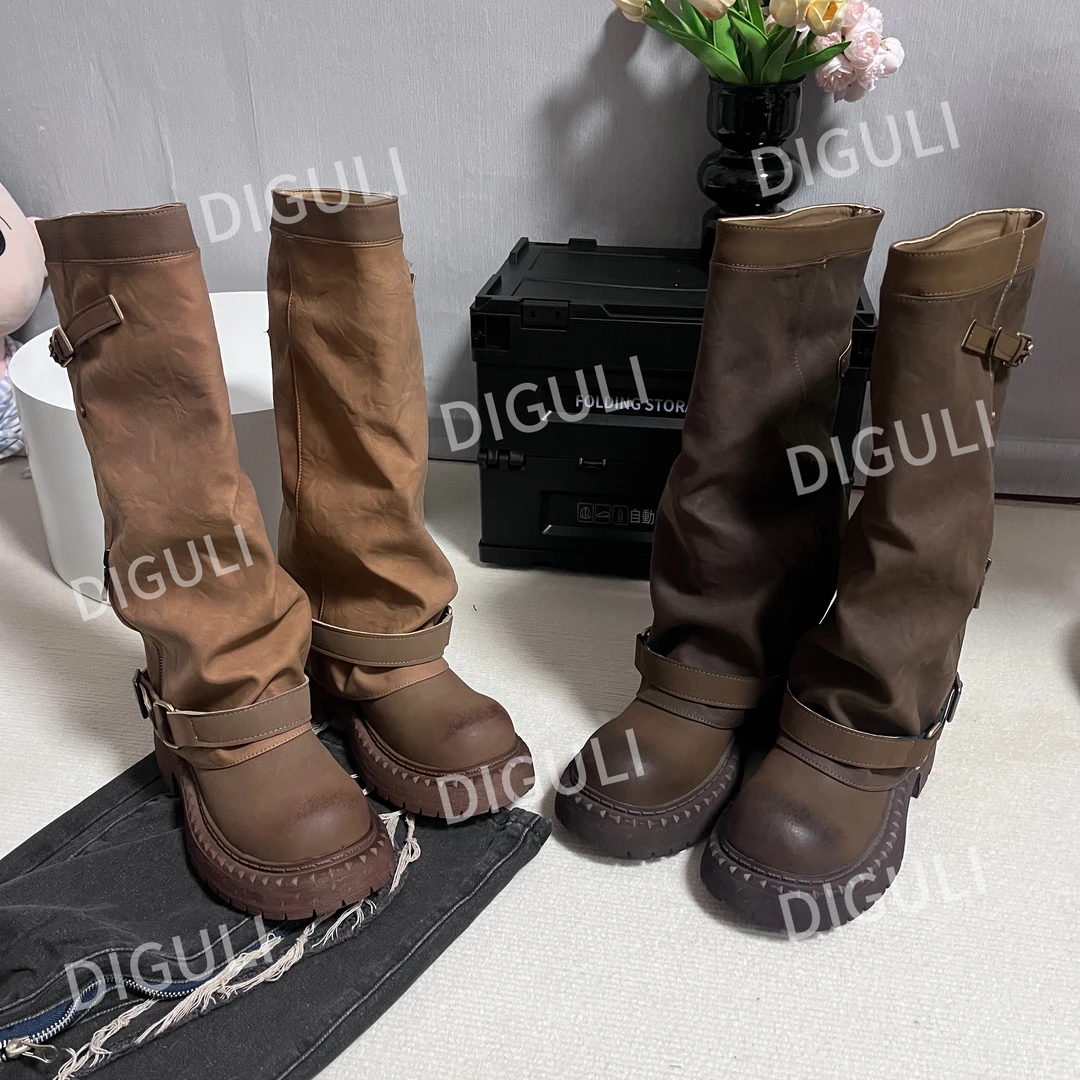 马丁靴女不过膝西部辣妹牛仔靴时装靴机车长筒靴堆堆靴工装裤管靴