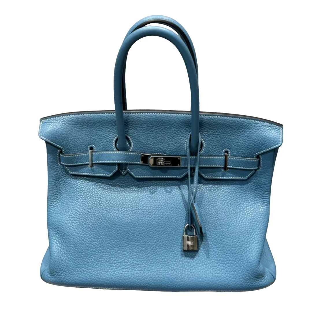 95新 Hermes/爱马仕 Birkin35牛仔蓝框o刻手提包单肩包