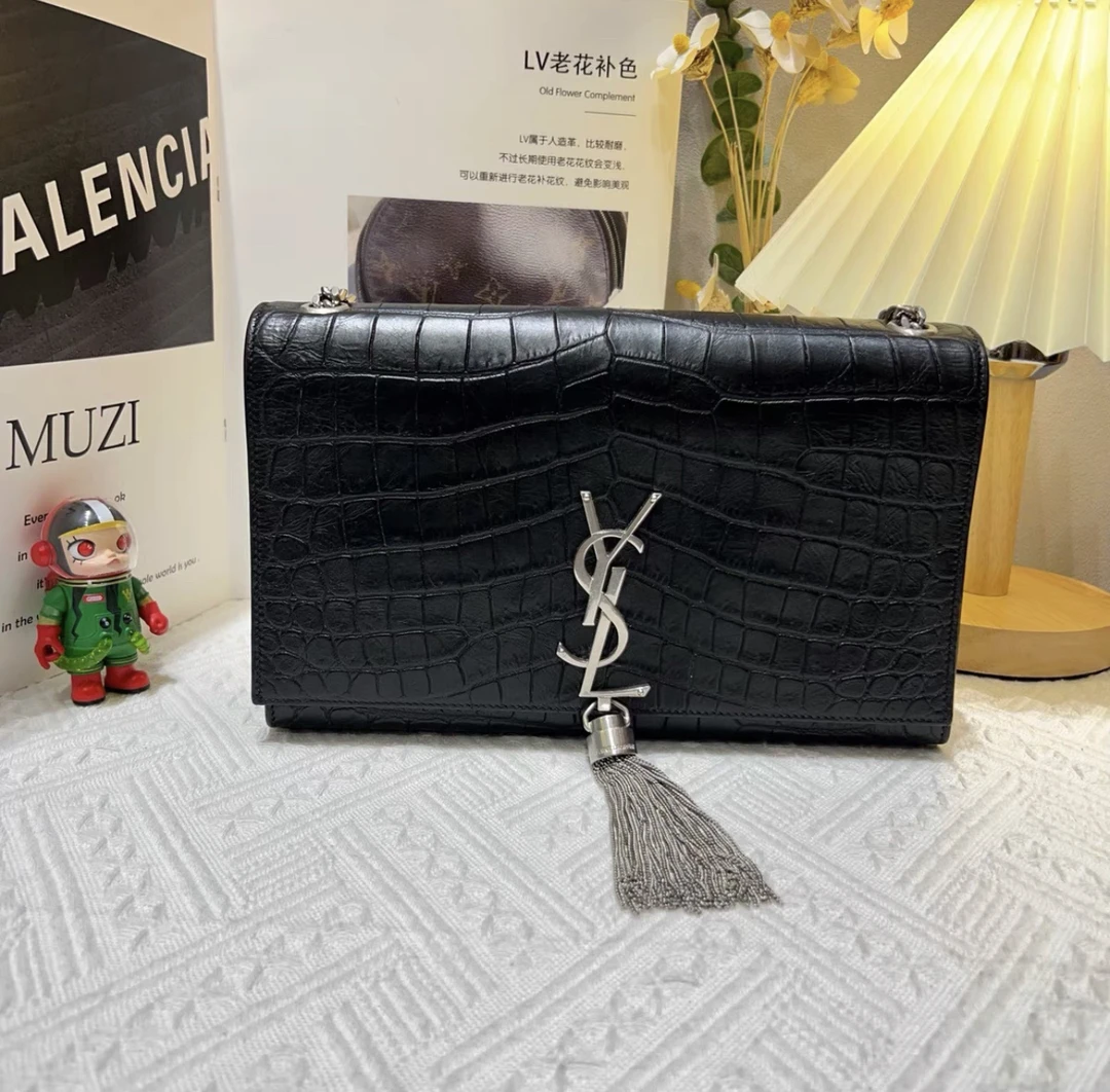 99新 YSL/圣罗兰 鳄鱼纹流苏包黑银中号斜挎包腋下包